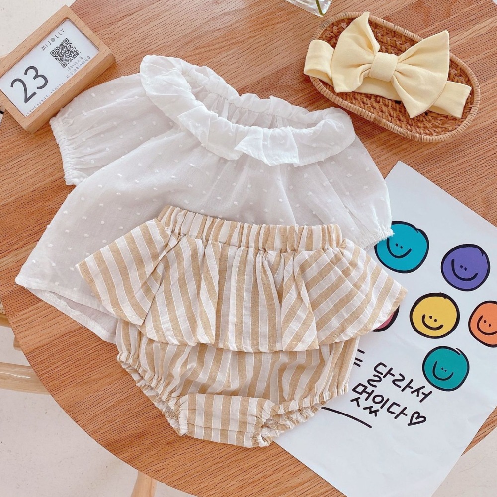 【現貨當日出貨✨】韓版小童衣服 三件套 送髮帶 蓬蓬袖荷葉領 褲裙 洋裝 女童 短袖 可愛衣服 女童 春夏裝 ins-細節圖2