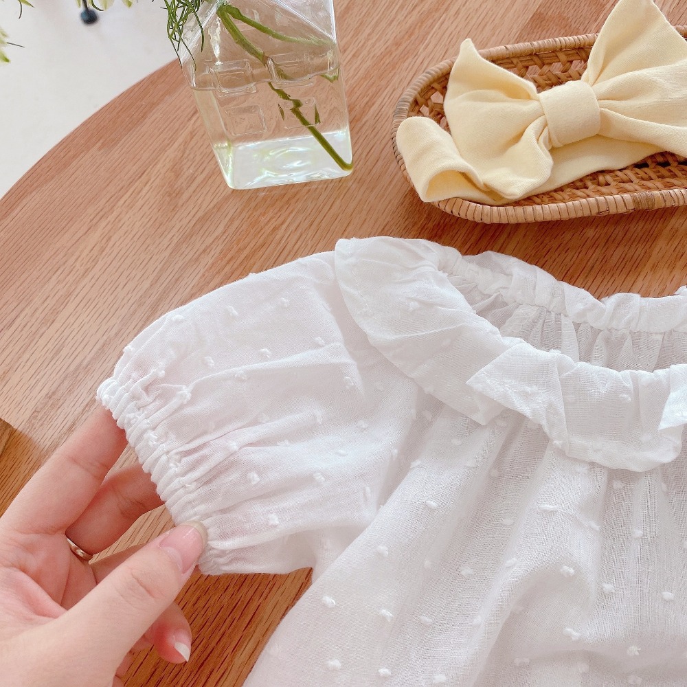 【現貨當日出貨✨】韓版小童衣服 三件套 送髮帶 蓬蓬袖荷葉領 褲裙 洋裝 女童 短袖 可愛衣服 女童 春夏裝 ins-細節圖4