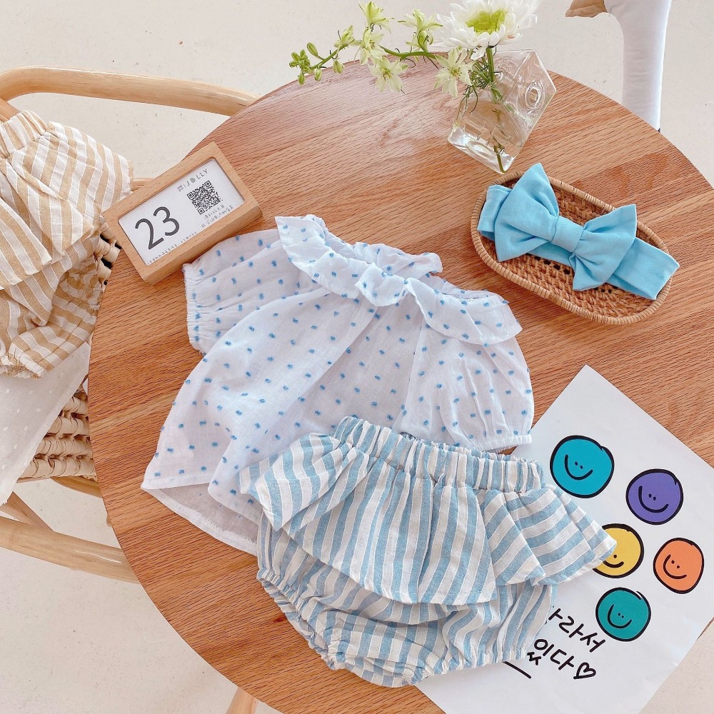 【現貨當日出貨✨】韓版小童衣服 三件套 送髮帶 蓬蓬袖荷葉領 褲裙 洋裝 女童 短袖 可愛衣服 女童 春夏裝 ins-細節圖7