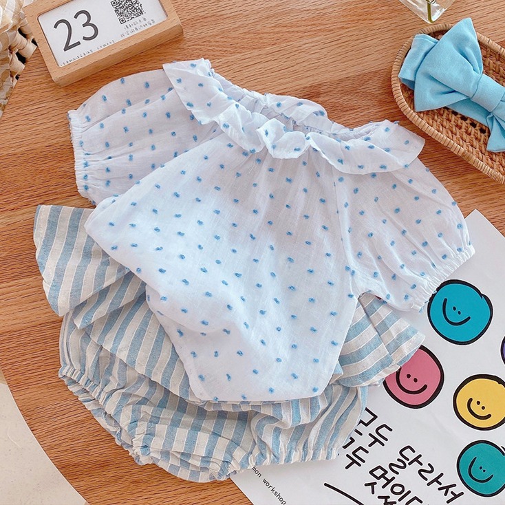 【現貨當日出貨✨】韓版小童衣服 三件套 送髮帶 蓬蓬袖荷葉領 褲裙 洋裝 女童 短袖 可愛衣服 女童 春夏裝 ins-細節圖8