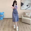 打造小蠻腰 小香風抓皺開叉拼色洋(附胸針)-規格圖4