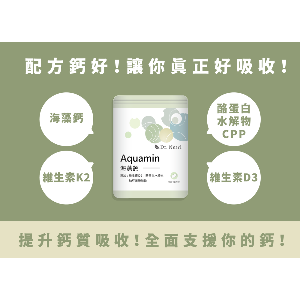 海藻鈣複合錠＋維生素Ｄ＋納豆發酵物(維生素K2）＋酪蛋白水解物｜Dr.Nutri芯漾生醫｜30粒鋁袋｜原價449元-細節圖2