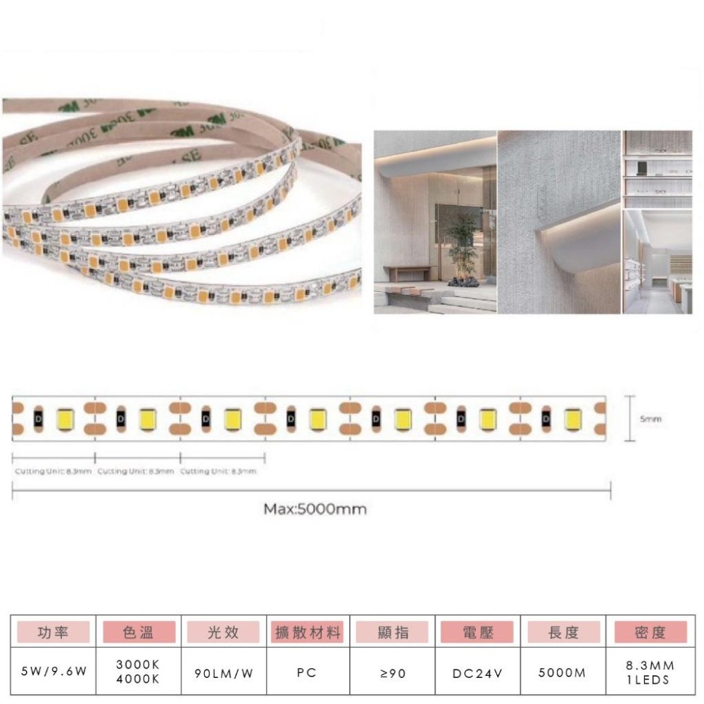 LED DC24V 9.6W 高光效 裸板燈帶 一燈一剪 2835燈珠 3000K 4000K 正光色 5米 不含變壓器-細節圖3