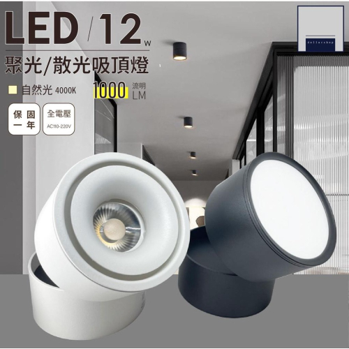 LED 筒型可調角吸頂燈 12瓦 黑殼 白殼 自然光 散光型 聚光型投射吸頂燈 玄關 走廊 美術展覽空間 大樂3C