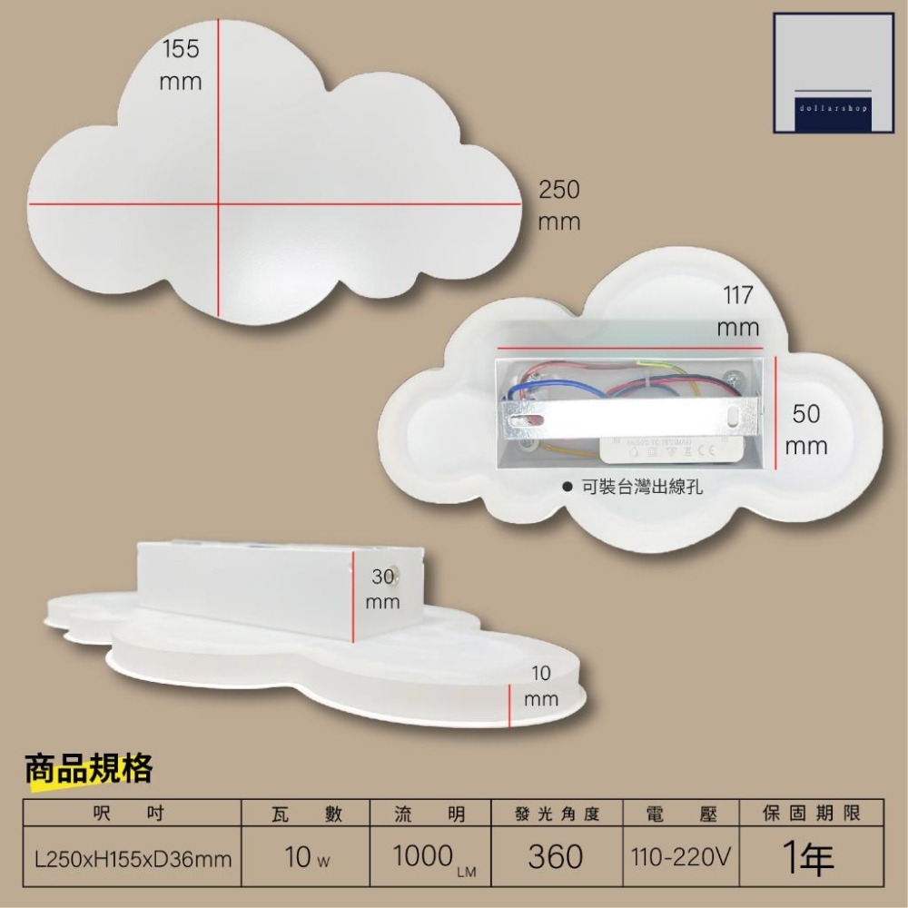 LED 10瓦 超可愛雲朵壁燈 黃光 床頭小夜燈 壓克力發光 柔和光線不刺眼 全電壓 兒童房 走廊玄關壁燈-細節圖2