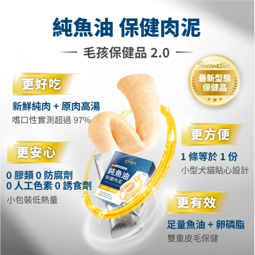 毛掌醫學｜保健肉泥6G*30入｜純魚油 故免疫 好情緒 化排毛 護關節 磷蝦魚油 益生菌｜犬貓適用-細節圖2