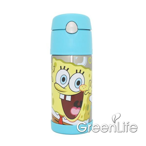 【THERMOS膳魔師】不銹鋼保溫保冷瓶-海綿寶寶370ml (附揹帶&備用吸管組) SpongeBob 兒童水壺