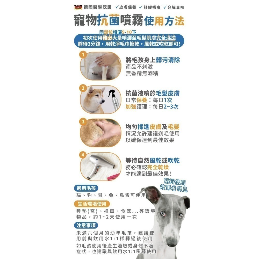 Aether依鈦 寵物抗菌噴霧 250ml/100ml/50ml 除臭除黴 保養皮膚毛髮 無藥無類固醇 不刺激 貓 犬-細節圖2