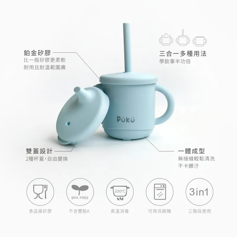 台灣 PUKU 藍色企鵝 午茶雙蓋矽膠吸管馬克學習杯200ml-(三色)P14746-細節圖2