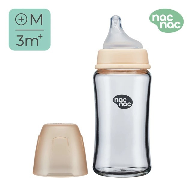 nac nac 妍心35%晶透防脹氣玻璃寬口奶瓶240ml(雲白色/淡奶茶)-規格圖1