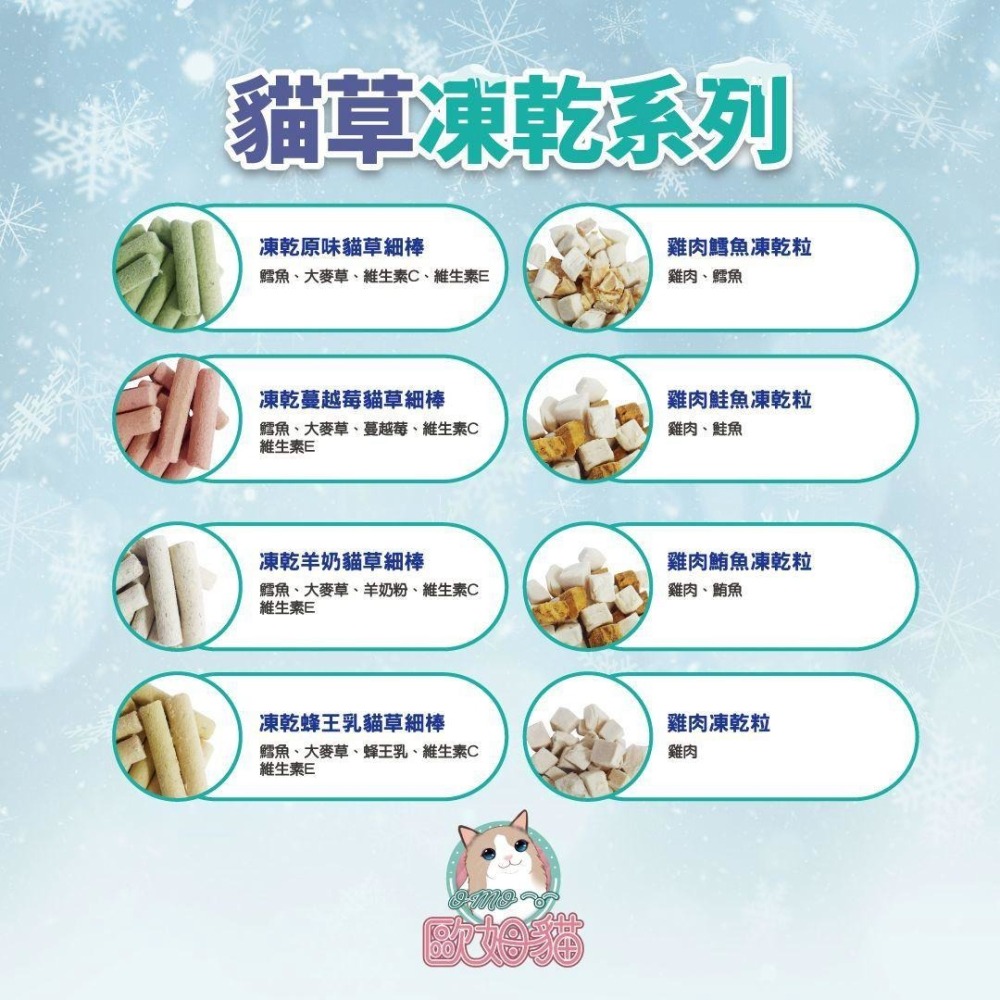 歐姆貓 凍乾貓草細棒80G/罐 /海陸原肉凍乾粒85G/罐 四種口味 凍乾 零食 罐裝 條型 方粒-細節圖4