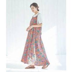二手united arrows coen Market 蠟染印刷印花民族風吊帶細肩帶綁帶連身洋裝 橘紅Ｍ-細節圖3