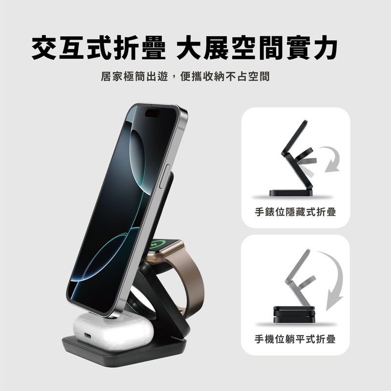免運 Oweida 三合一折疊式 15W磁吸無線充電座 適用iPhone Airpods Apple Watch-細節圖4