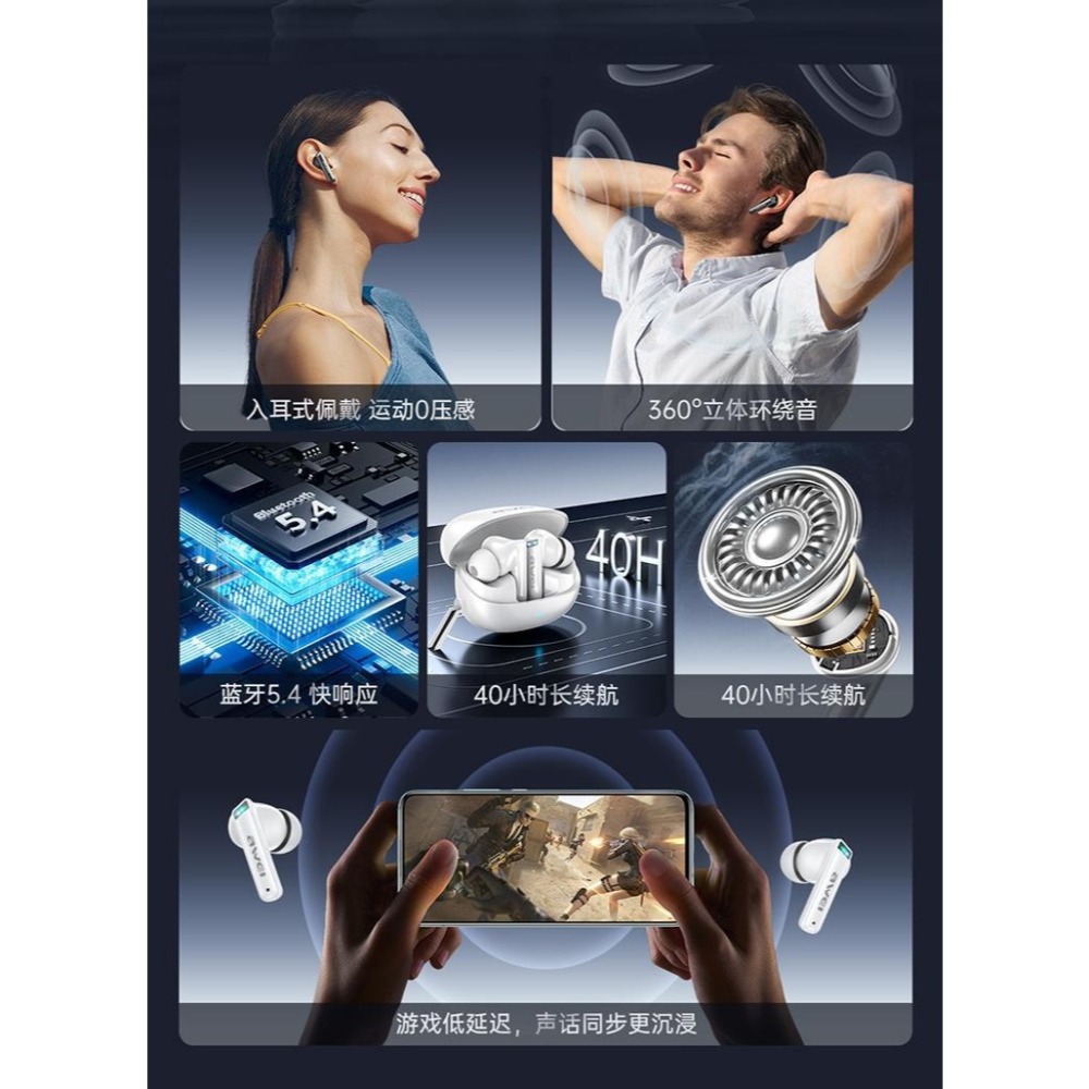 免運 AWEI T88 TWS真無線藍牙耳機 藍牙5.4 被動降燥 IPX6防水 藍芽耳機 入耳式 立體音場-細節圖10