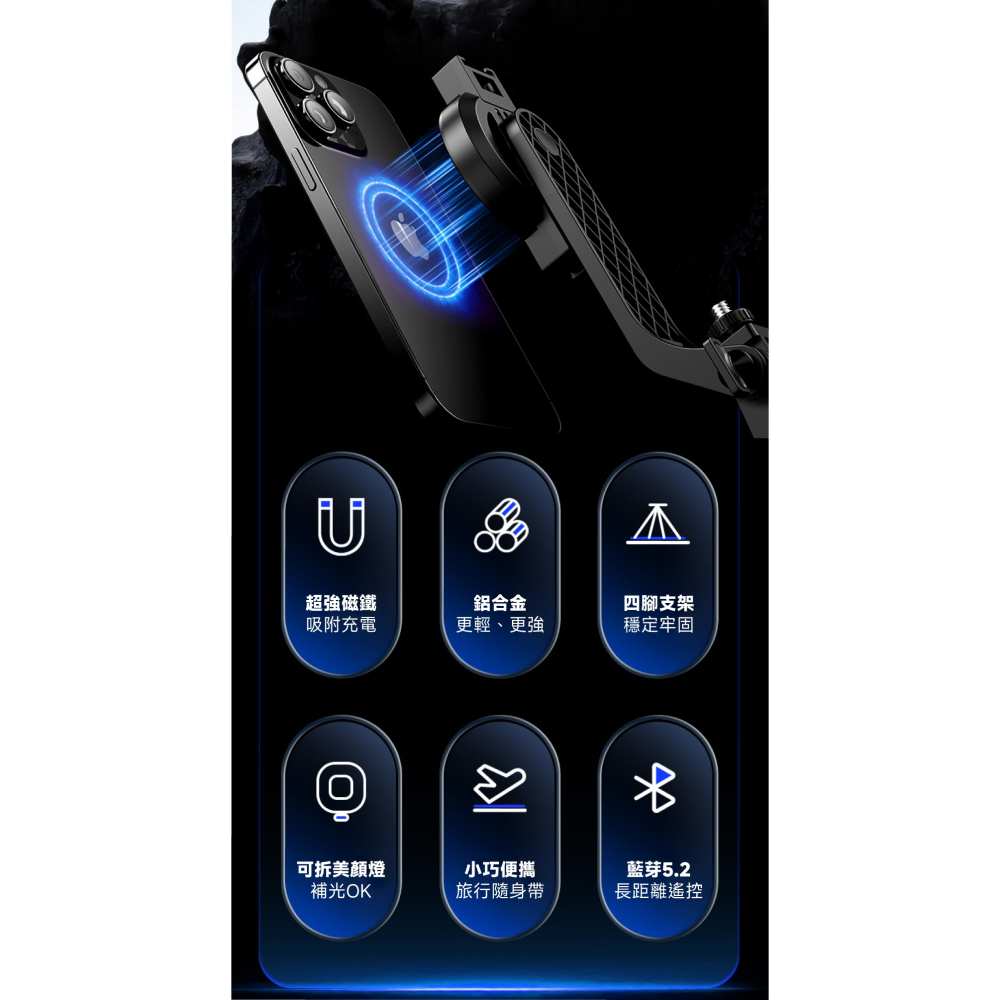 Meet Mind Phantom2 多合一磁吸/夾式自拍棒+補光燈組 自帶腳架 藍牙自拍桿 美顏燈-細節圖2