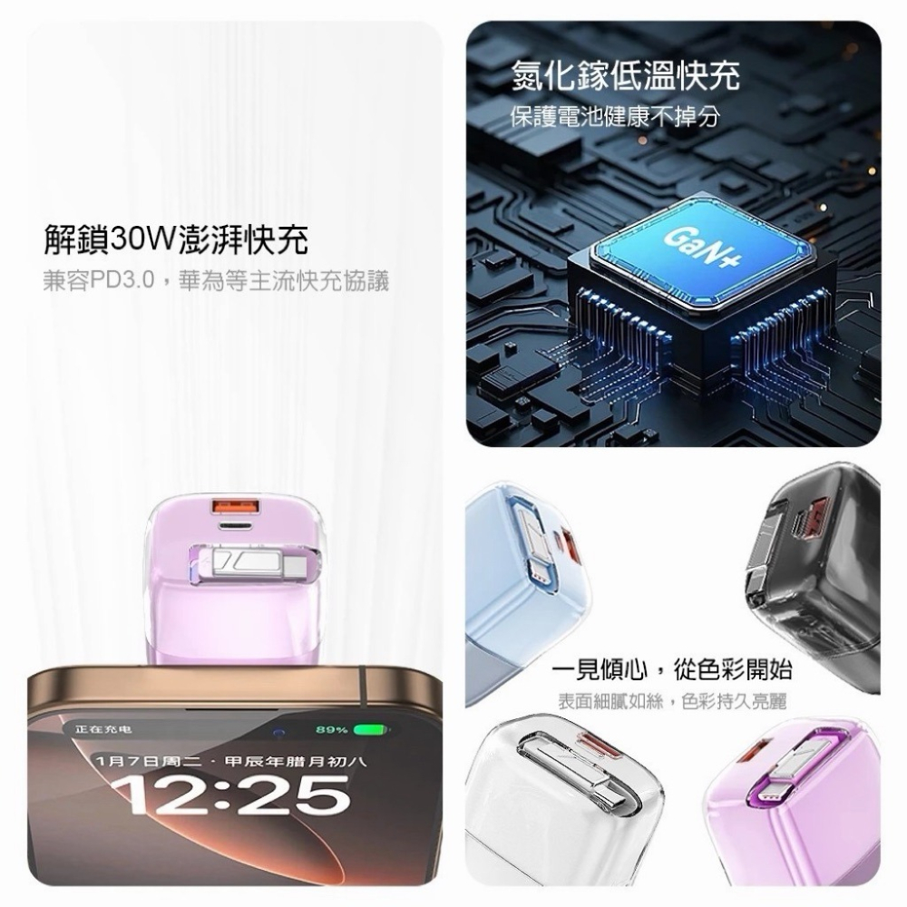 DA 30W 65W 冰立方 氮化鎵 雙孔充電器 PD充電頭 自帶充電線 QC快充 折疊插頭 安卓 蘋果快充頭-細節圖4