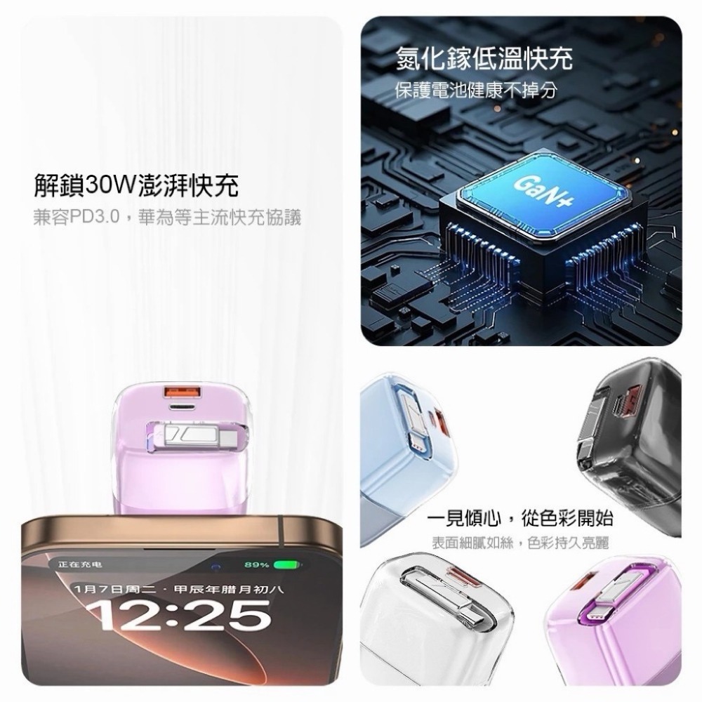 DA 30W 冰立方 氮化鎵 雙孔充電器 PD充電頭 自帶充電線 QC快充 折疊插頭 安卓 蘋果快充頭-細節圖4