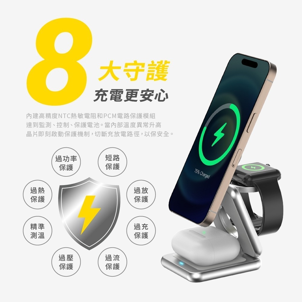Aircolor Qi2.2 25W 三合一摺疊磁吸無線充電座 支援apple watch 耳機 追劇神器 出差神器-細節圖7