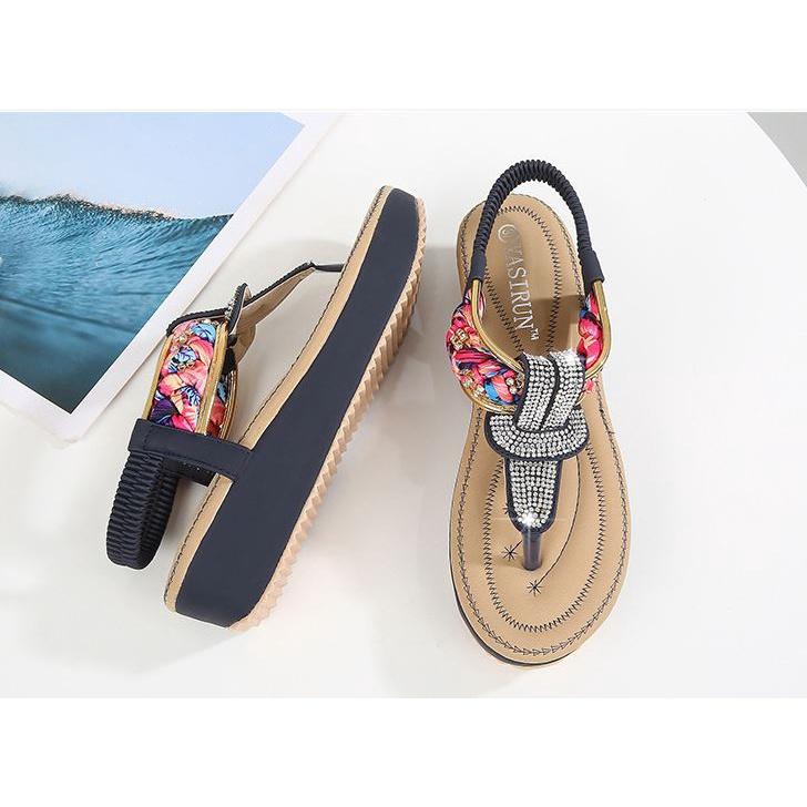 🇹🇼拉拉Lala＇s 時尚涼鞋女夏季平底舒適女鞋圓頭水鑽民族風女式涼鞋百搭(37號)-細節圖2