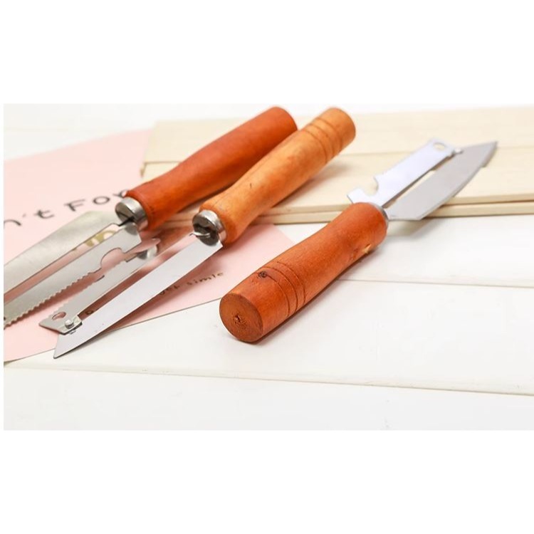 🇹🇼拉拉Lala＇s 大號不銹鋼木柄四用刨子廚房多功能蘋果削皮刀水果削皮器-細節圖3