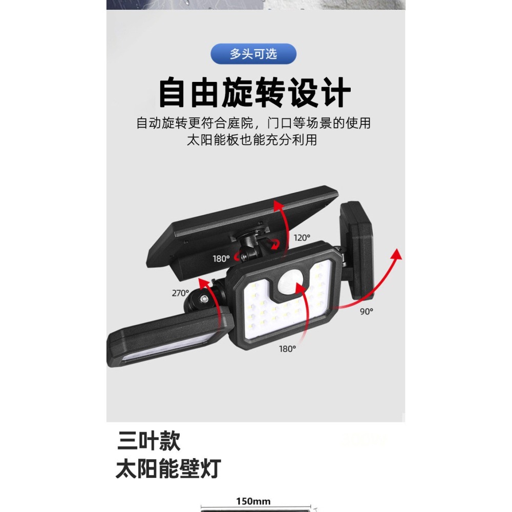 🇹🇼拉拉Lala＇s  光控太陽能燈 跨境折疊74LED三頭燈戶外庭院壁燈家用人體感應照明路燈{07-2}-細節圖6