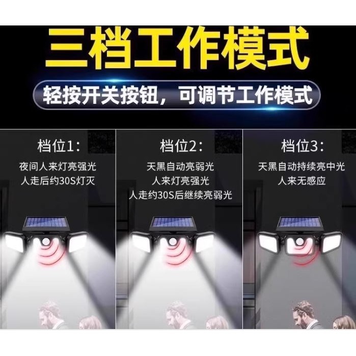 🇹🇼拉拉Lala＇s  光控太陽能燈 跨境折疊74LED三頭燈戶外庭院壁燈家用人體感應照明路燈{07-2}-細節圖7