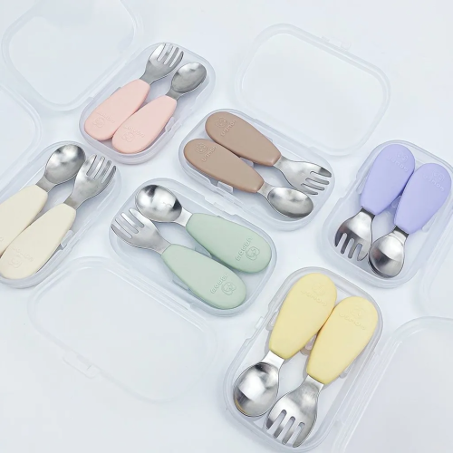 韓國UBMOM 白金矽膠不銹鋼湯匙叉子組 餐具 練習湯匙 練習叉子 *顏色隨機，恕不挑色