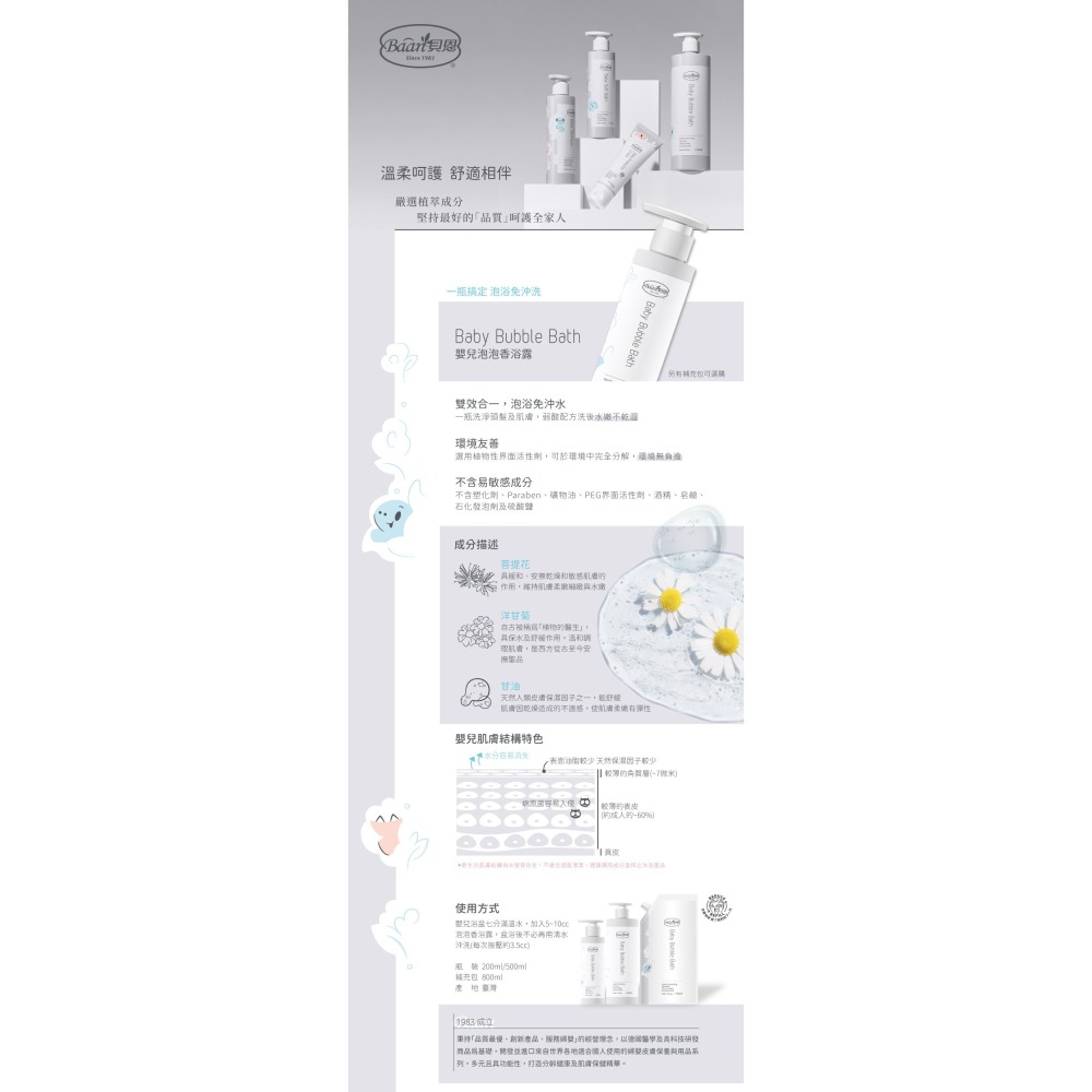 貝恩嬰兒泡泡香浴組（500ml+800ml補充包) 禮盒 有附提袋 04257-細節圖2