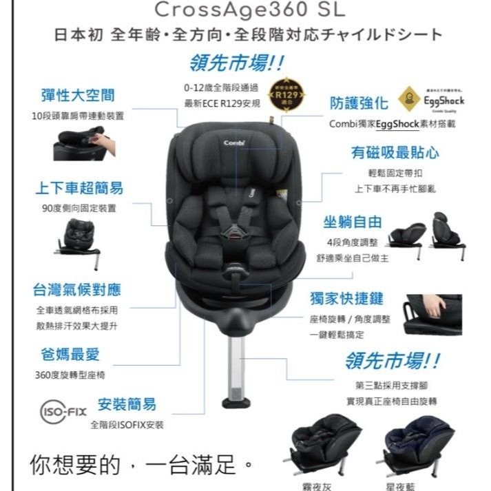 Combi康貝 CrossAge360 SL 0-12歲安全汽車座椅(霧夜灰) 僅支援ISOFIX 汽座 19187-細節圖2