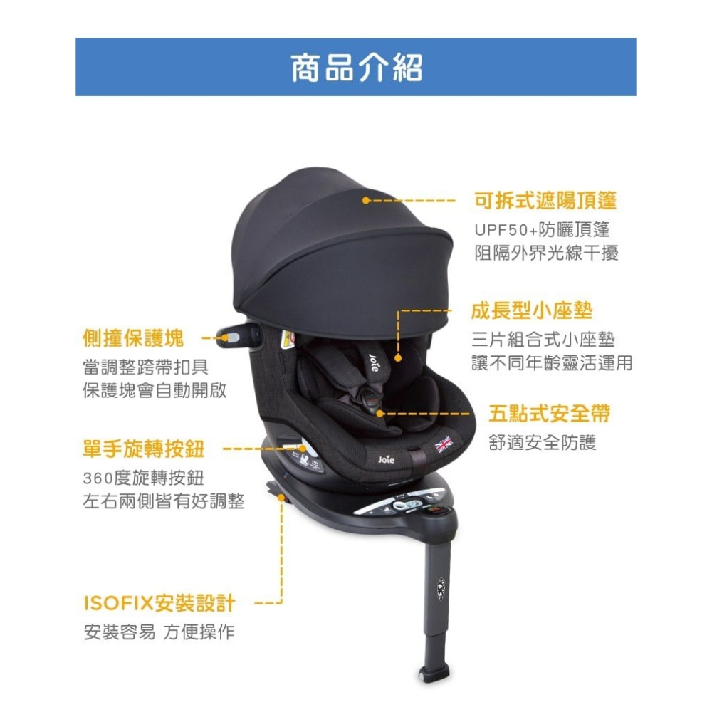 奇哥Joie i-Spin360™ 0-4歲全方位汽座全罩款 isofix 汽車座椅 I-Size(R129) 黑色-細節圖8