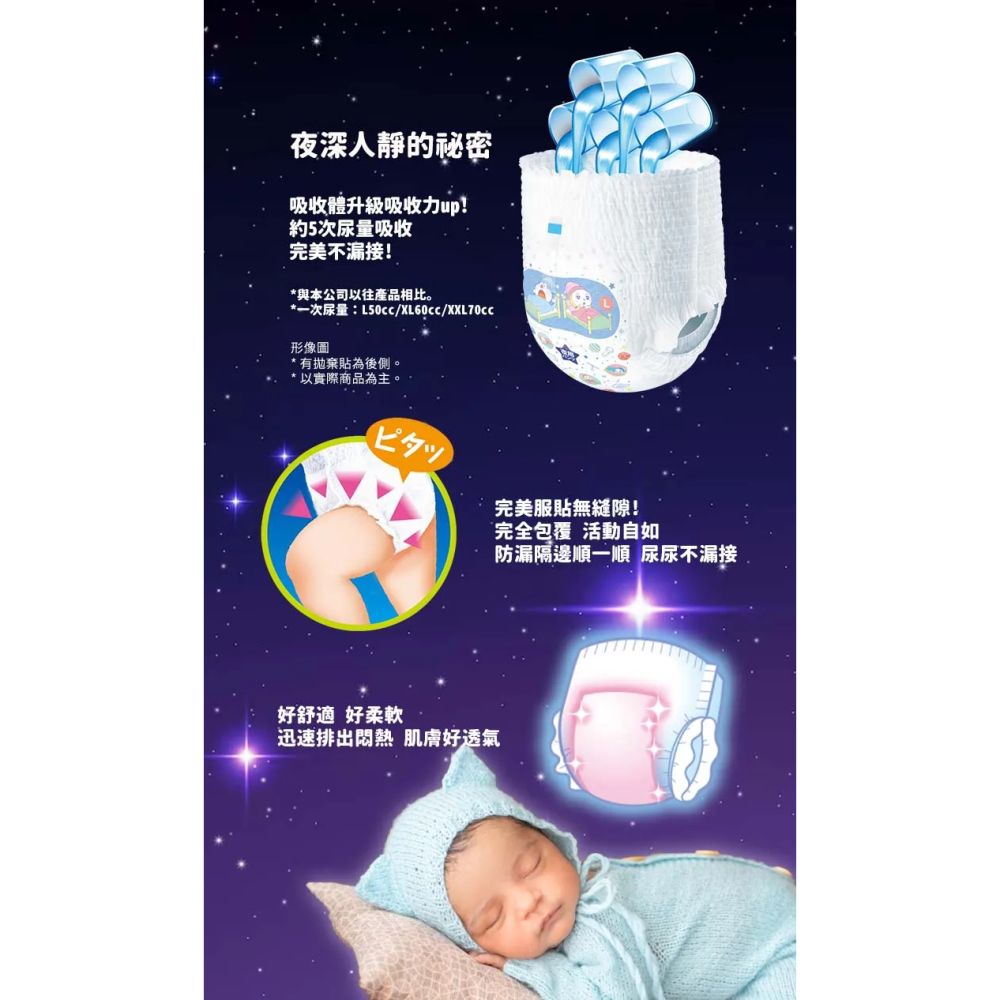 滿意寶寶 境內版哆啦A夢夜用輕巧褲/褲型尿布(XL) 30枚入 12-22KG 男女共用 晚安褲 夜用 褲型 尿布-細節圖3