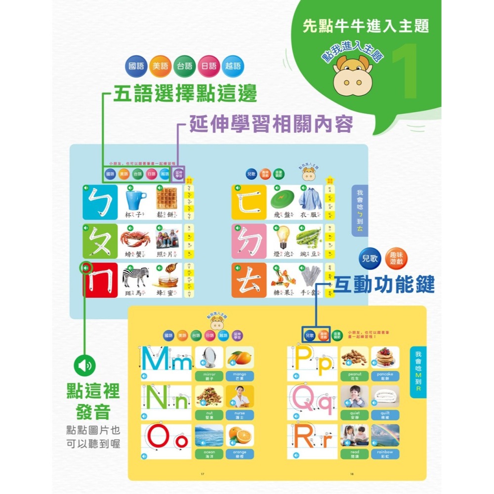 小牛津 手指點讀認知書(ㄅㄆㄇ/ABC/123)~多元五語學習/有聲互動認知遊戲書-細節圖4