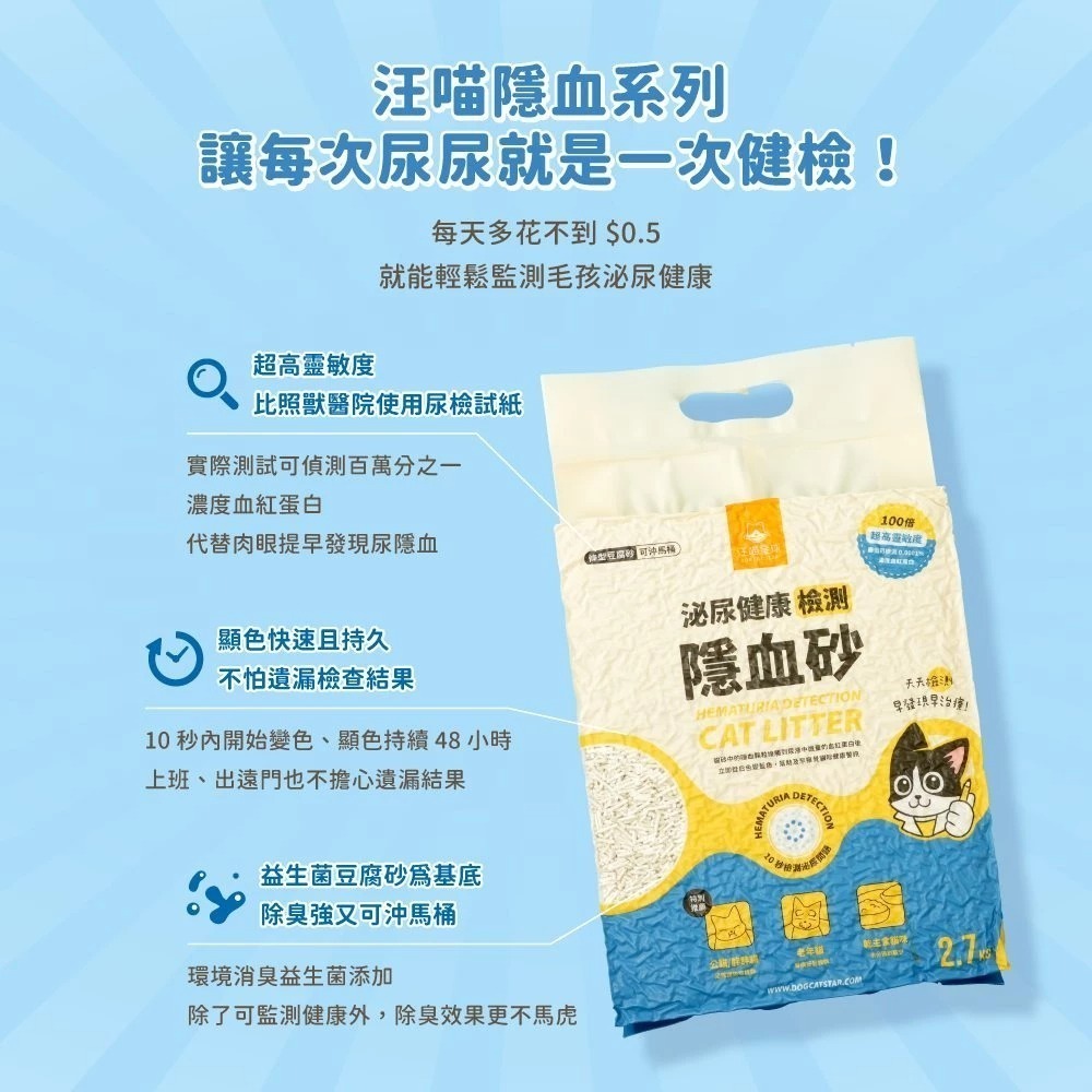 汪喵星球 隱血砂 泌尿健康檢測隱血砂 2.7KG單包 貓砂 豆腐砂 條型豆腐砂-細節圖2