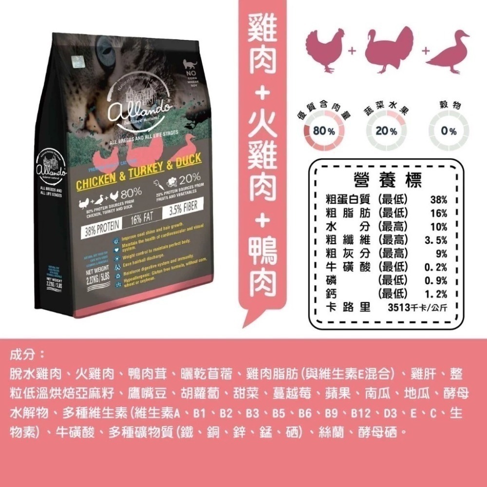 Allando奧藍多 天然無穀貓糧 400g / 2.27kg 貓飼料-細節圖2