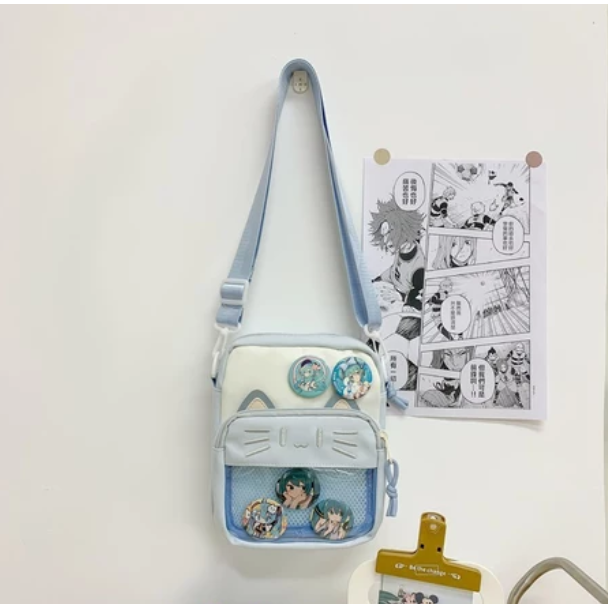 [有扎板] 痛包 斜背包 小背包 徽章包 小食量痛包 小痛包 可愛喵咪刺繡小痛包 黑色 卡皮巴拉 廢物貓[B0172]-規格圖9