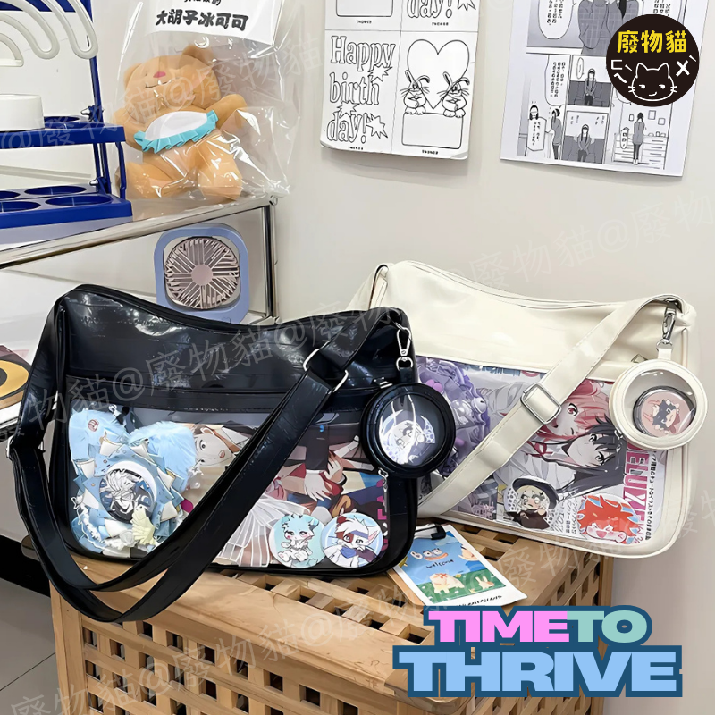 [可放A4有扎板] 痛包 斜背包 娃包 10cm 肩背包 ins皮革斜背痛包 曬娃包 黑色 廢物貓[B0199]-細節圖8