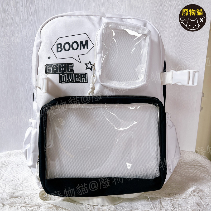 後背痛包 雙肩包 大容量背包 黑白之境 雙層透明窗 可收納A4娃娃 學生上課通勤後背包推薦 [B0228] 廢物貓-細節圖8