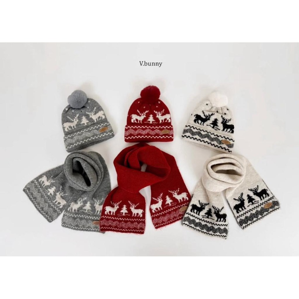 Poisson_korea韓國兒童保暖圍巾 保暖毛線帽 新年聖誕復古小鹿球球圍巾 毛帽組-細節圖4