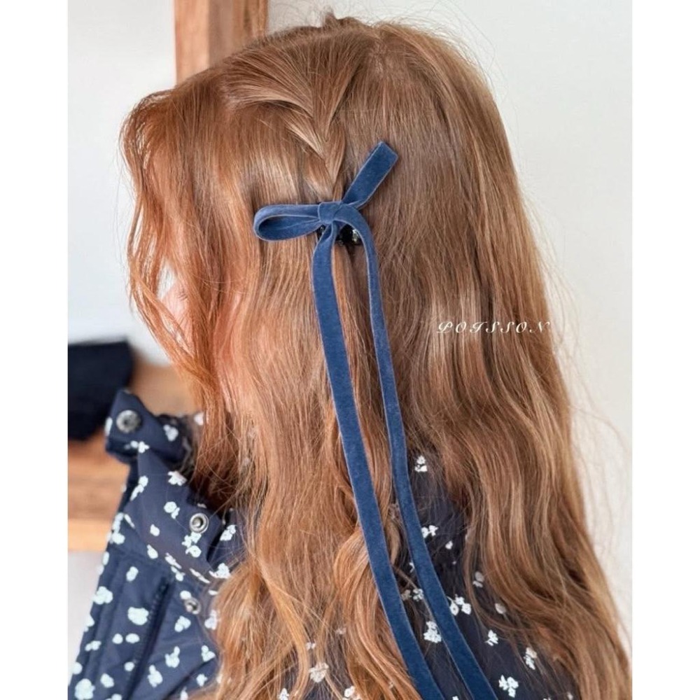 韓國兒童髮飾 Poisson品牌 冬季植絨蝴蝶結飄帶抓夾 女童髮夾-細節圖4