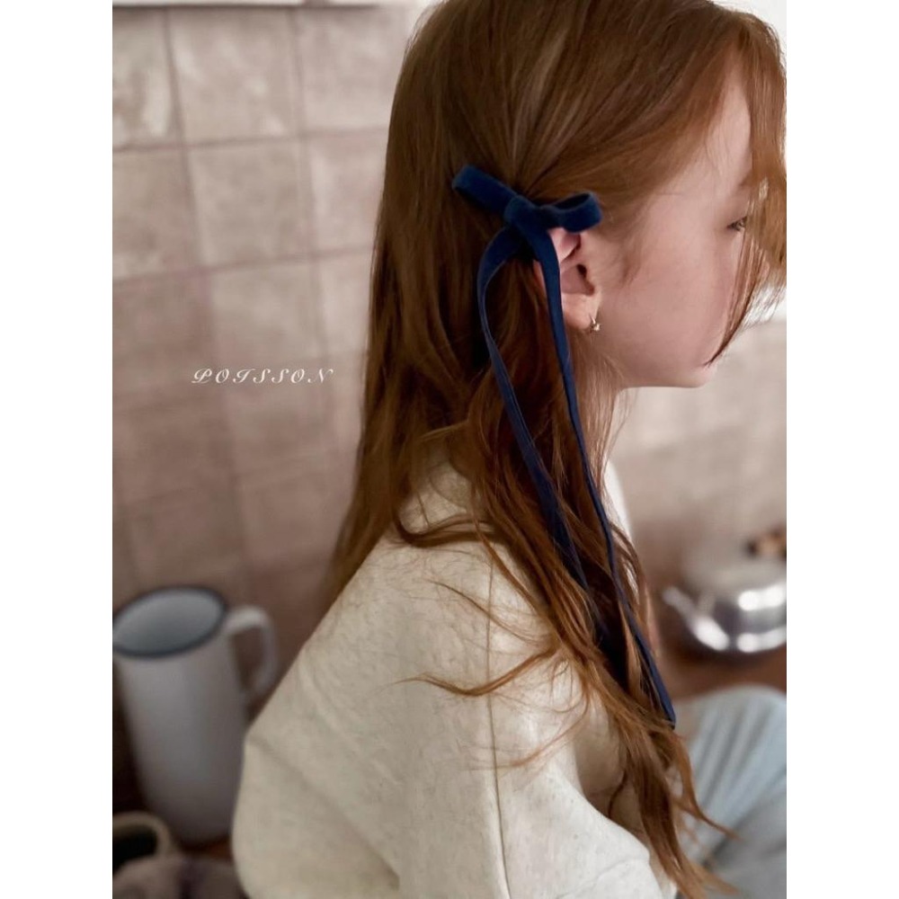 韓國兒童髮飾 Poisson品牌 冬季植絨蝴蝶結飄帶抓夾 女童髮夾-細節圖5