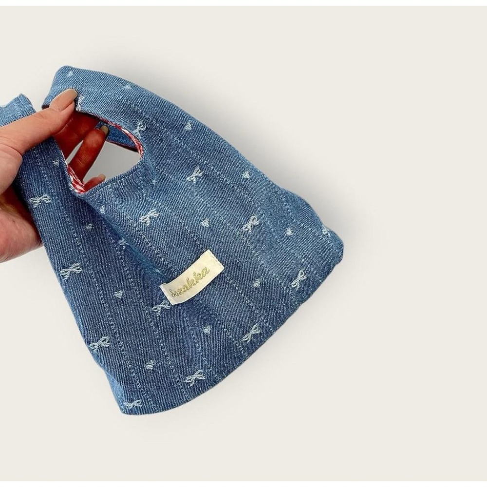 韓國Dudie_korea 品牌可愛蝴蝶結牛仔提袋 牛仔包包 購物包-細節圖2