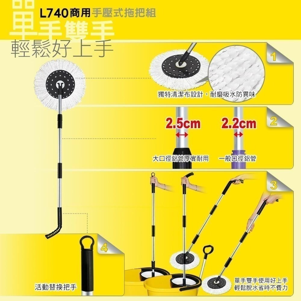 好神拖 商業用系列 L740商用 手壓旋轉拖把組(1桶1拖2布1 手推車 )-細節圖7