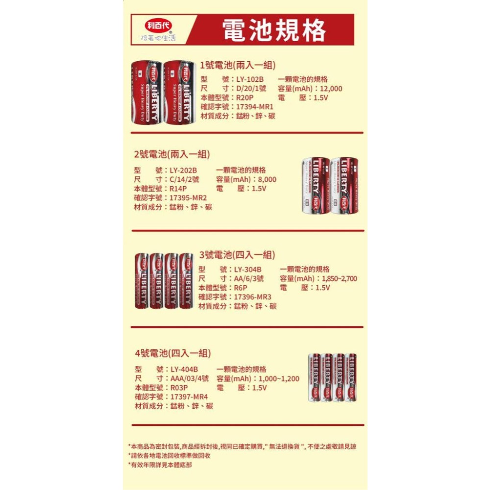 廠商現貨利百代環保碳鋅電池-3號&4號《一組20顆》-細節圖5