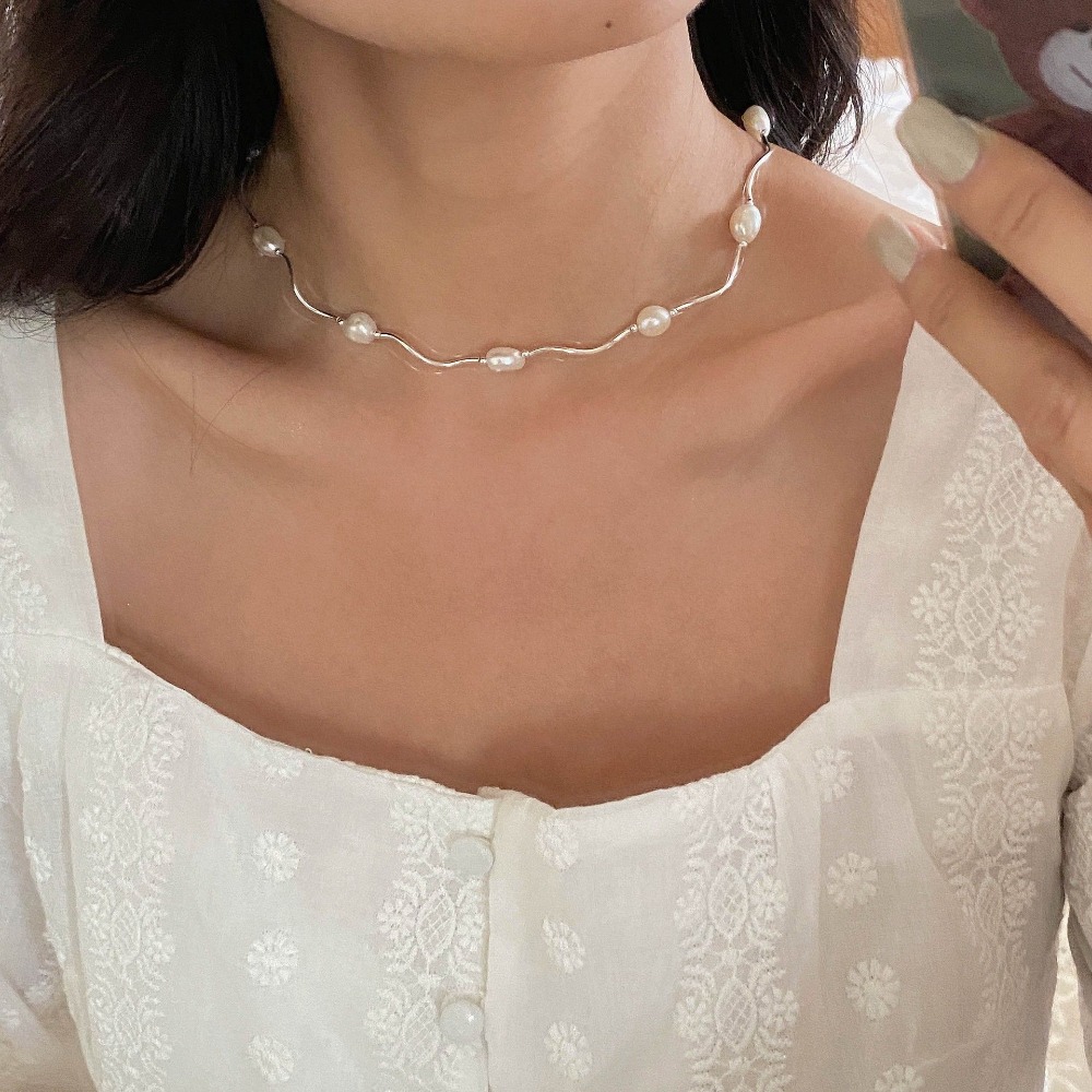 波浪銀管淡水珍珠項鍊-細節圖3