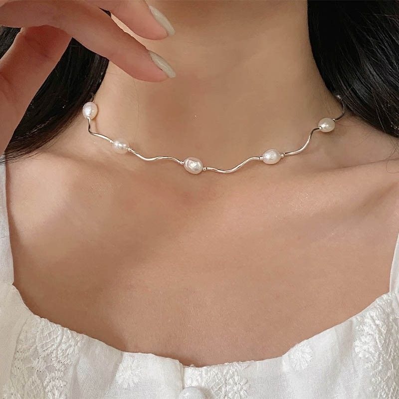 波浪銀管淡水珍珠項鍊-細節圖5