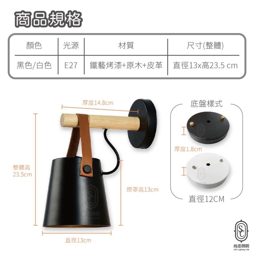 尚丞照明 LED 吸頂 壁燈 台灣現貨 懸吊 皮革 圓錐形 質感 小壁燈 燈泡 走道 書房 臥室 黑 白 E27 集線盒-細節圖2
