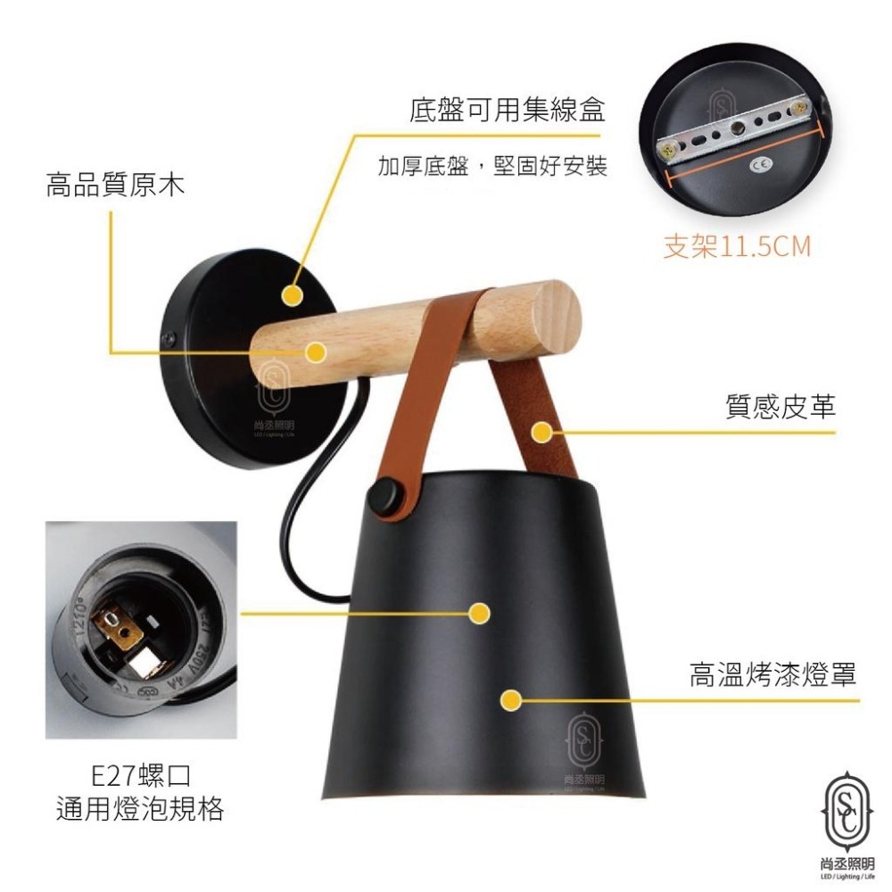尚丞照明 LED 吸頂 壁燈 台灣現貨 懸吊 皮革 圓錐形 質感 小壁燈 燈泡 走道 書房 臥室 黑 白 E27 集線盒-細節圖3