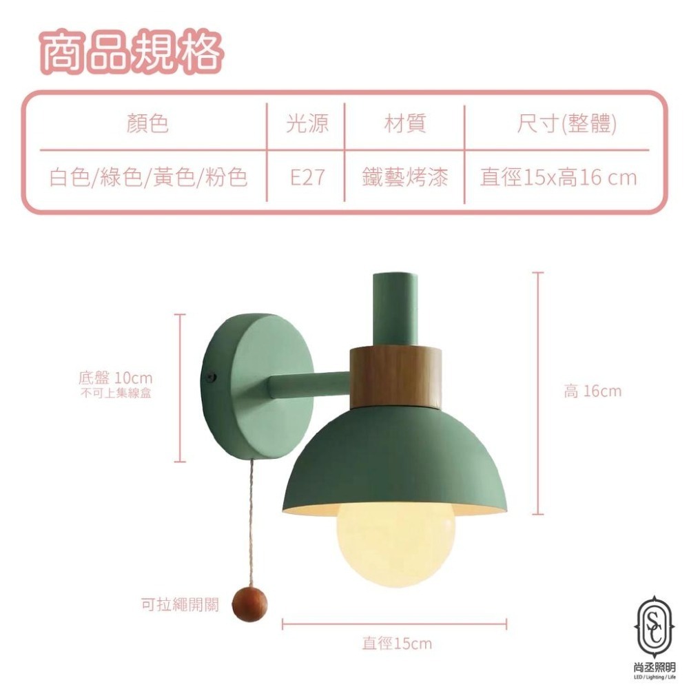 尚丞照明 LED 壁燈 台灣出貨 拉繩 開關 半圓形 質感 小壁燈 燈泡 走道 書房 臥室 白 綠 黃 粉 E27-細節圖2