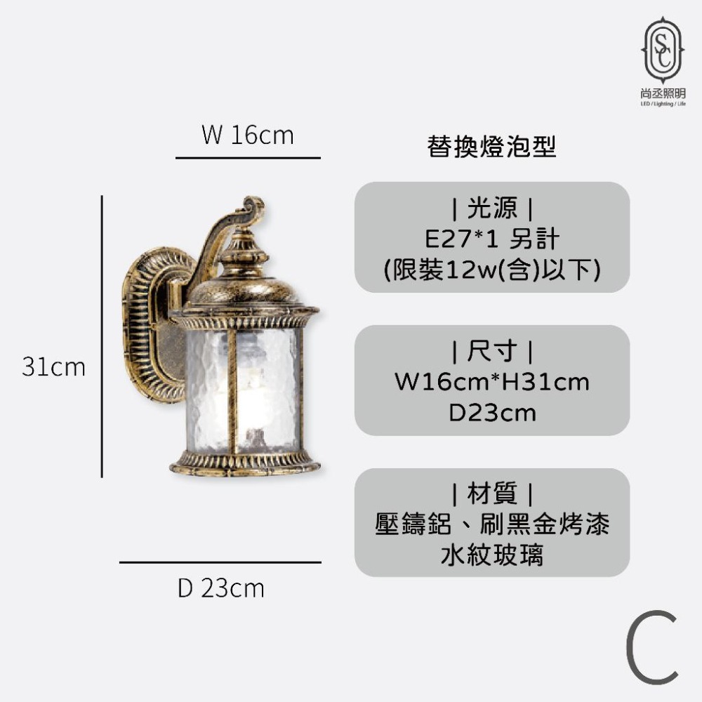 尚丞照明 LED 戶外壁燈 防水 大樓外牆 氣氛燈 復古 雨天燈 門口 金色 藝術燈-細節圖4