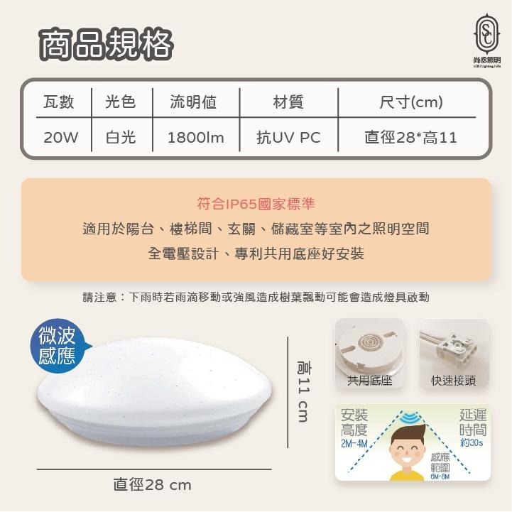 尚丞照明 LED 防水感應吸頂燈 20W 海頓吸頂燈 防水 IP65 白光 全電壓 微波感應 陽台 走廊 樓梯 大同-細節圖2